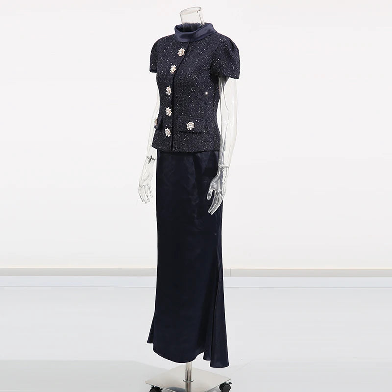 TWOTWINSTYLE Solid Slimming Two Piece Sets for Women Round Neck Short Sleeves Spliced Button Top High Waist Skirt Set Female New