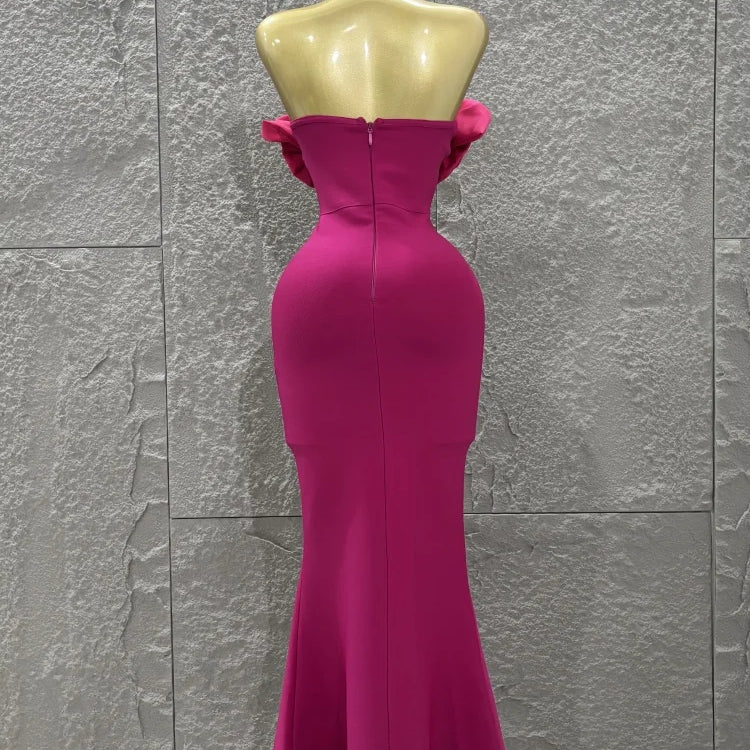 Rosered Color Women Sexy Florals Strapless Diamond Line Bodycon Long Bandage Dress Birthday Party Photo Shoot Wear