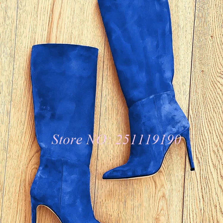 Royal Blue Boots Suede Pointed Toe Botas Women Luxury Designer Shoes Winter 2025 Pull On Slip On Stiletto Knee-high Booties New