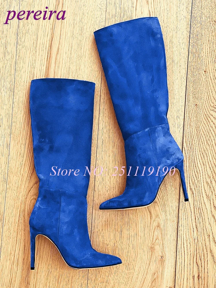 Royal Blue Boots Suede Pointed Toe Botas Women Luxury Designer Shoes Winter 2025 Pull On Slip On Stiletto Knee-high Booties New