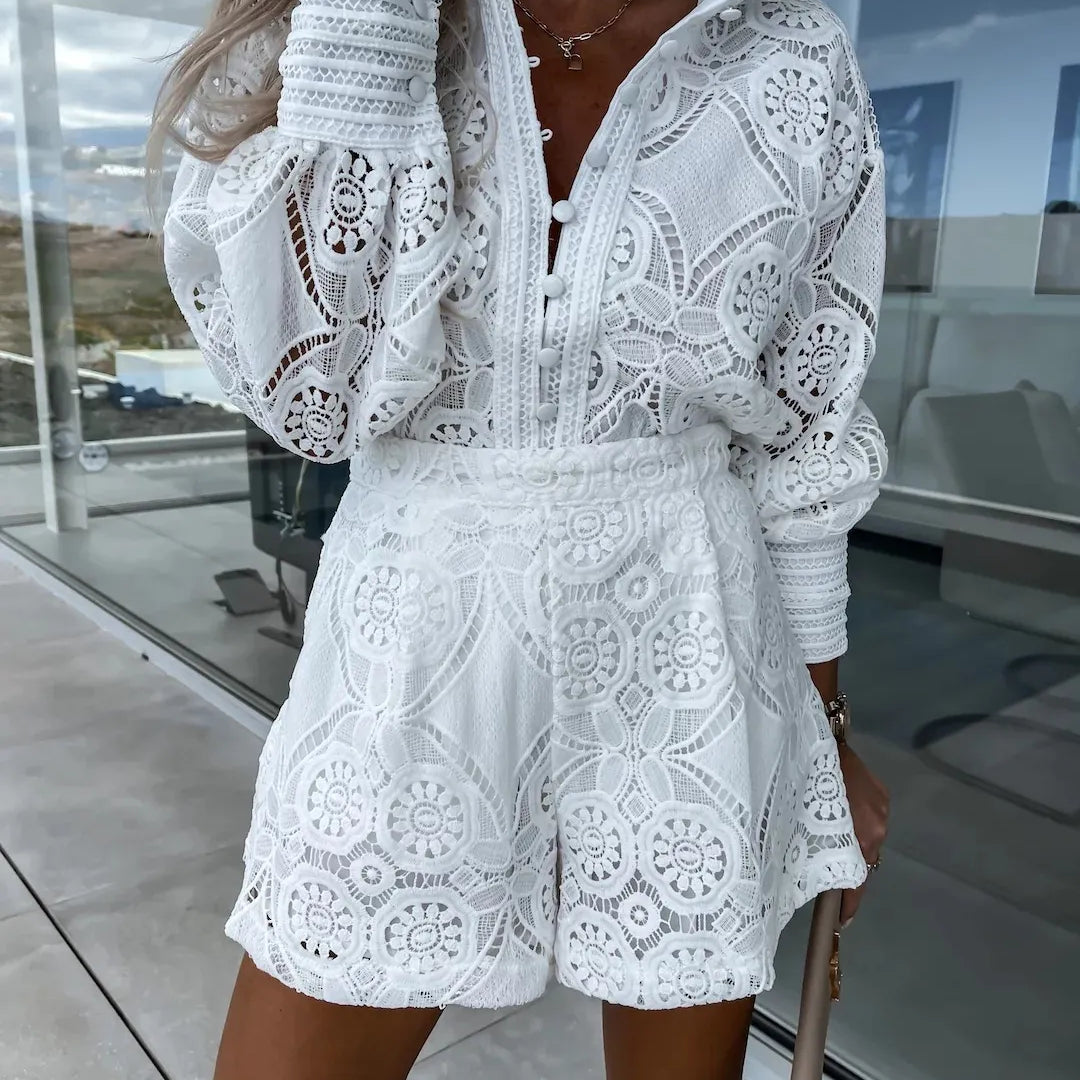 Foridol Vintage Single Breasted White Lace Women Shorts Sets Spring Long Sleeve Casual Party 2 Pcs Outfits Femme Suit Summer