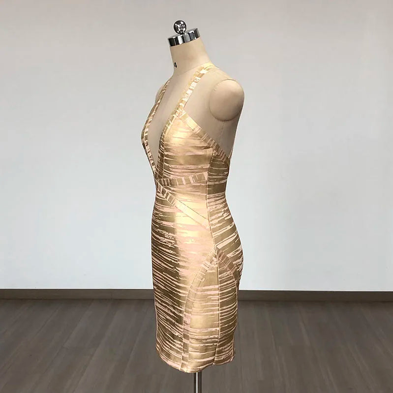 Gold Foil Color Women Sexy Off the Shoulder V-Neck Bodycon Mini Bandage Dress Celebrate Evening Party Birthday Outfit Vestido