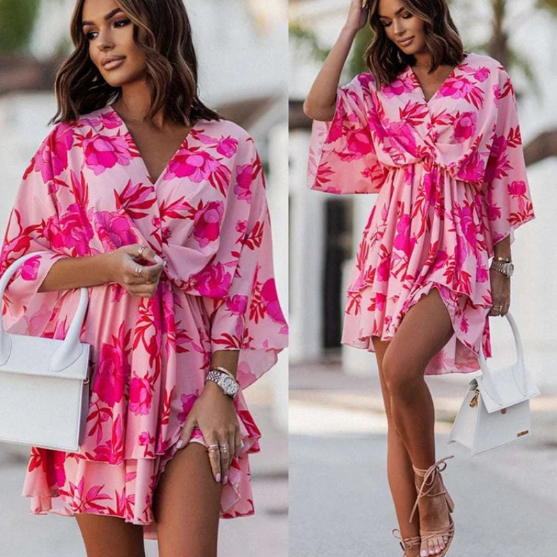 Women Bat Short Sleeve Dresses Summer Boho Floral Print High Waist Ruffle Vestido 2023 Holiday Party Sexy V Neck Robe Dresses