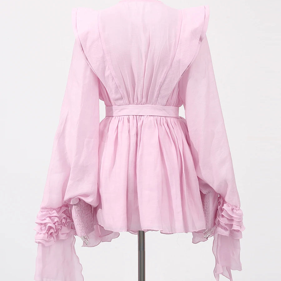 TWOTWINSTYLE Slimming Spliced Ruffles Folds Dresses for Women Round Neck Long Sleeves Patchwork Button Dress Female Fashion New