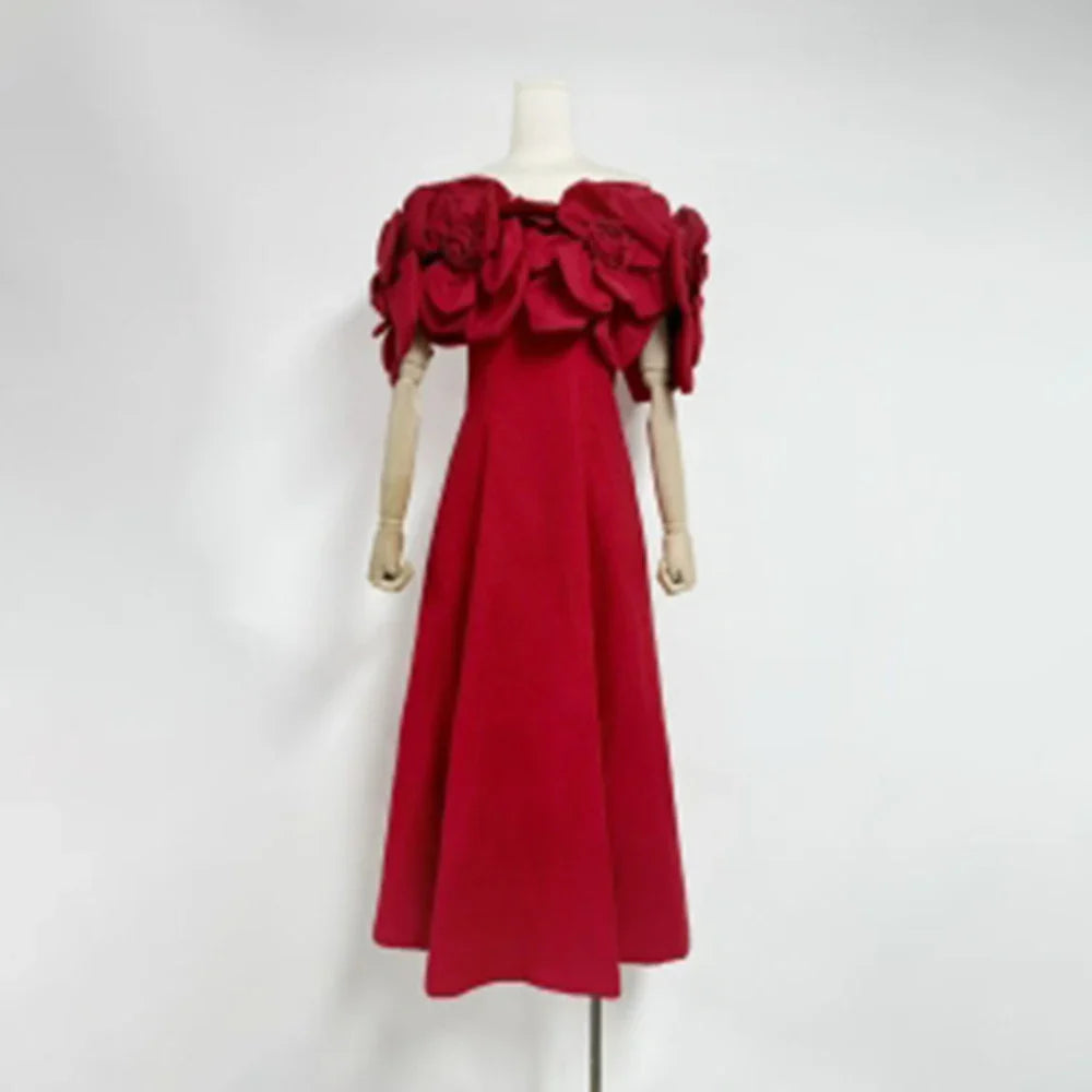 Solid Slimming Elegant Dresses for Women Strapless Off Shoulder Patchwork 3D Flowers Fashion Dress Female Clothing