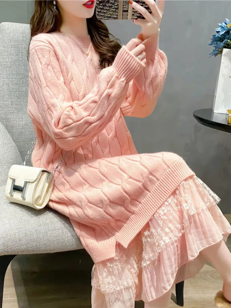 Dresses for Women Korean Oversized Sweater Women Maxi Dress O-Neck Elegant Commute Party Fashion Women's Wear Knit Dress