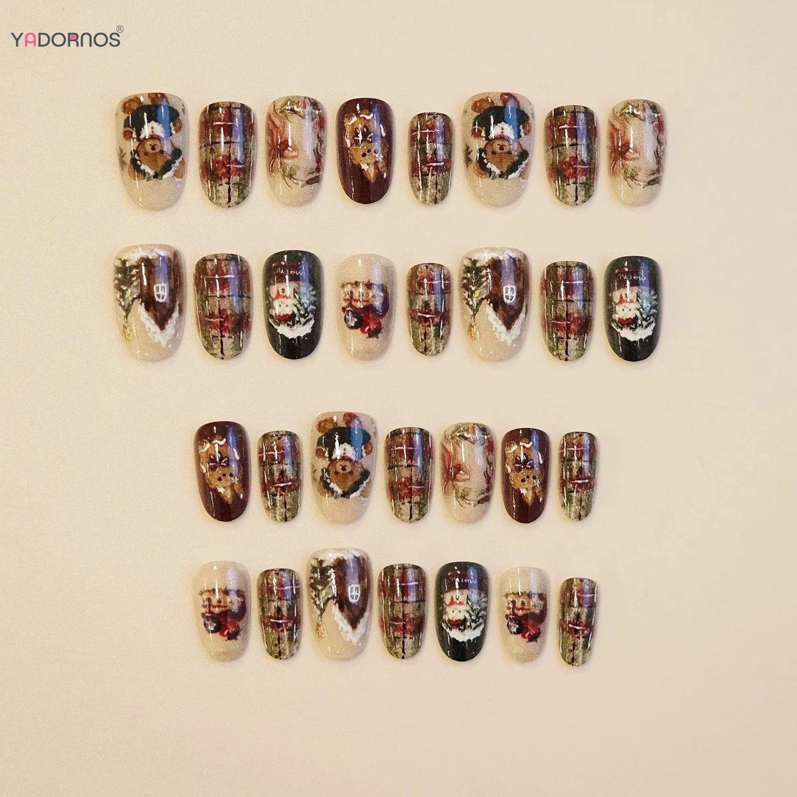 Short Oval Shaped Fake Nails Cartoon Bear/Snowman/Xmas Tree Printed Autumn Press On Nails Christmas Party False Nails 24Pcs