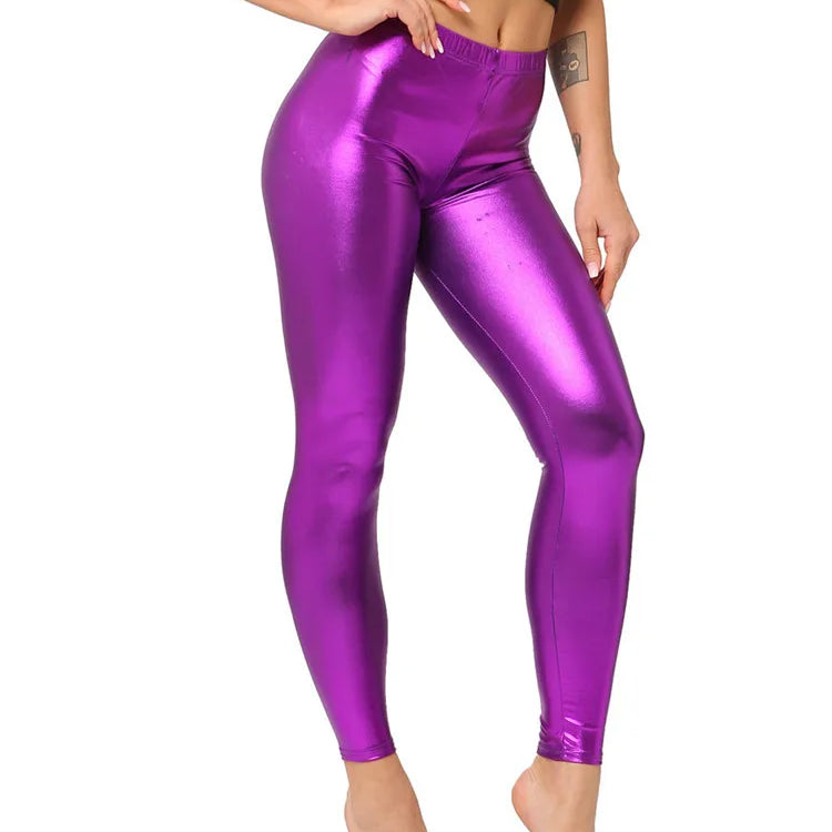 Pink Leggings For Women Metallic Shiny Black Pants Elastic Waist Stretch Fitness Mujer Gym Golden Silve Red Blue Trousers