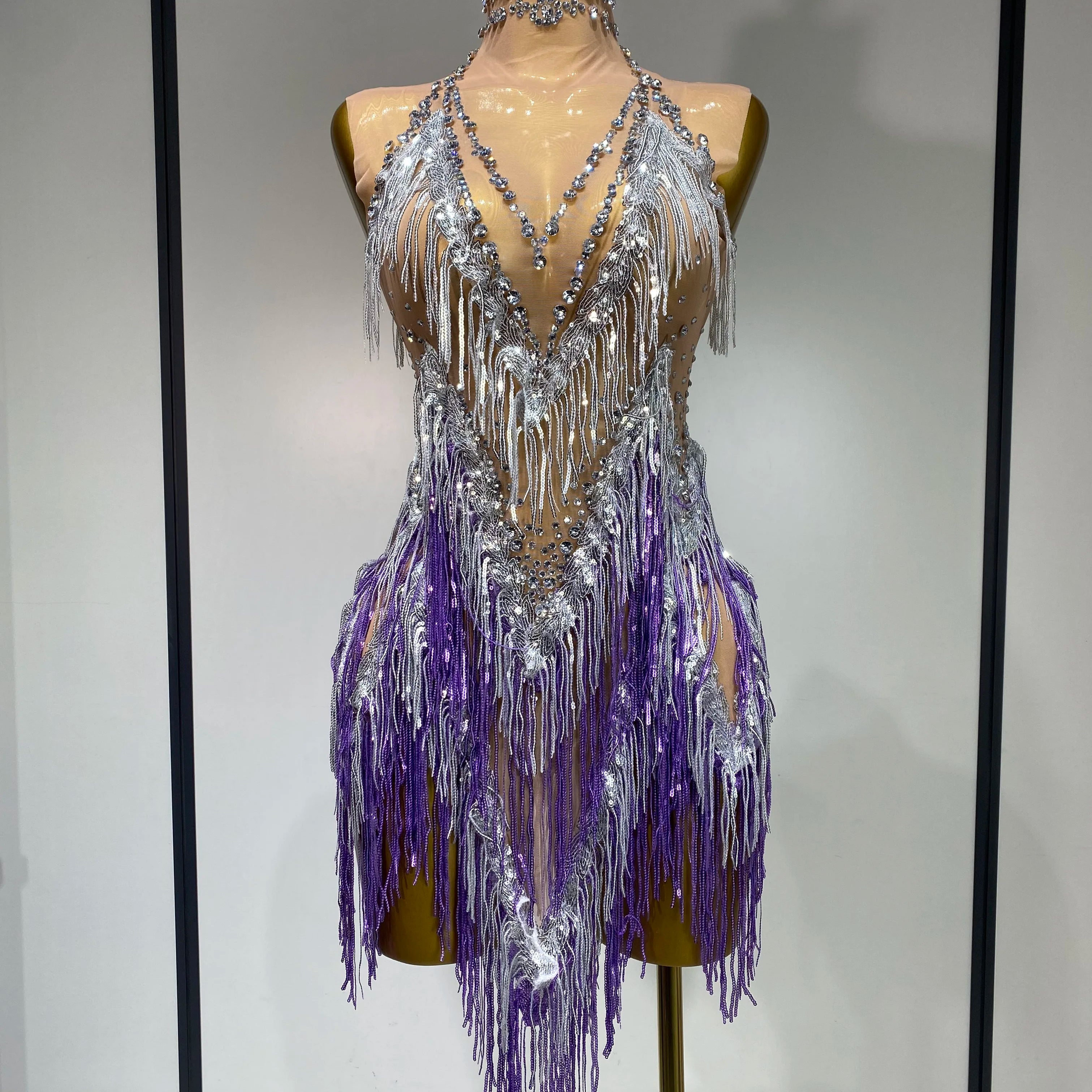 Luxury Rhinestone Tassel Sexy Women Short Latino Dance Dress Birthday Nightclub Bar Sleeveless Sparkly Performance Stage Outfit