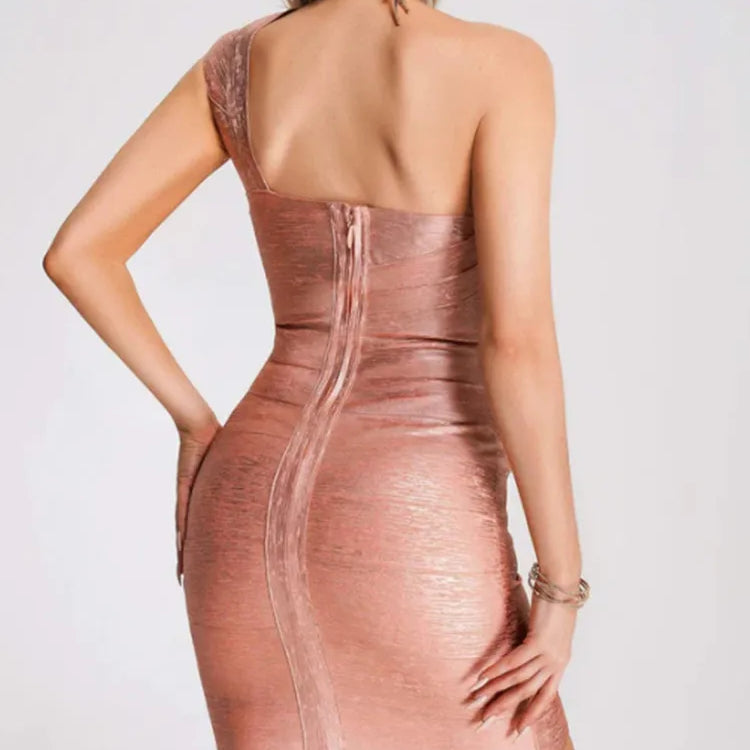 New Pink Foil Color Women Sexy One Shoulder Bodycon Mini Bandage Dress Celebrate Fashion Birthday Party Cocktail Dress