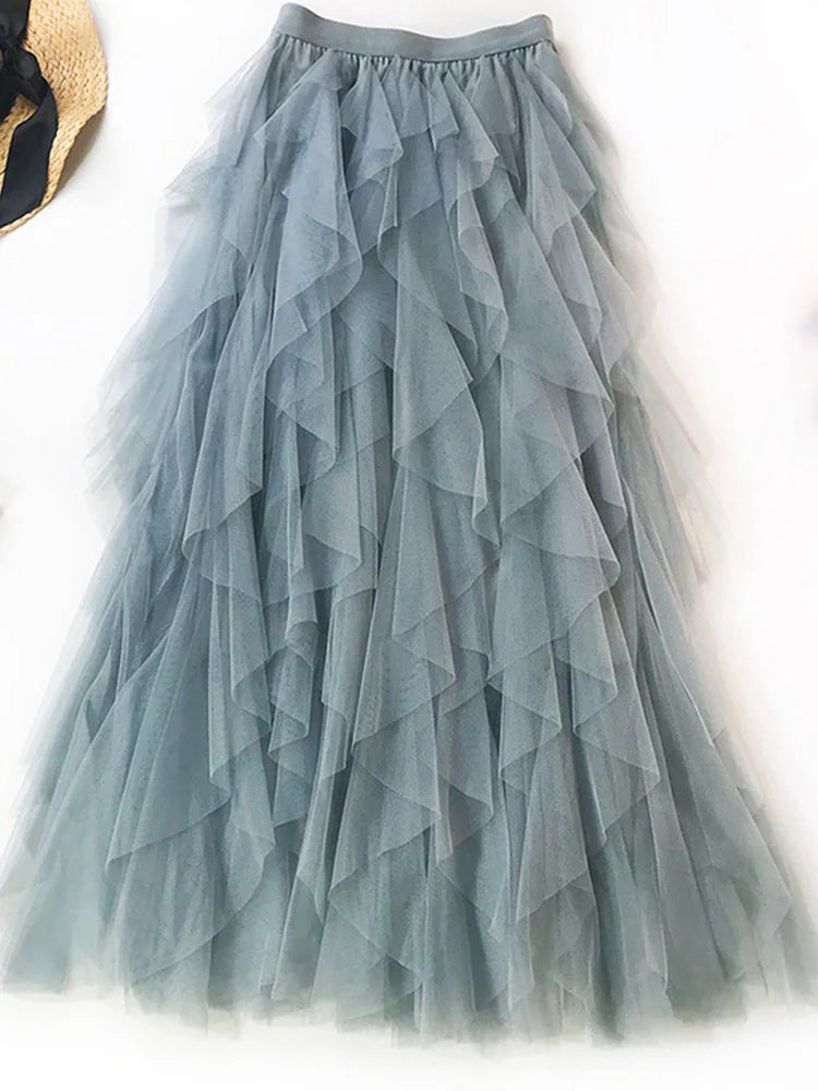 Fashion Tutu Tulle Skirt Women Long Maxi Skirt Spring Summer Korean Black Pink High Waist Pleated Skirt Female GRAY One Size