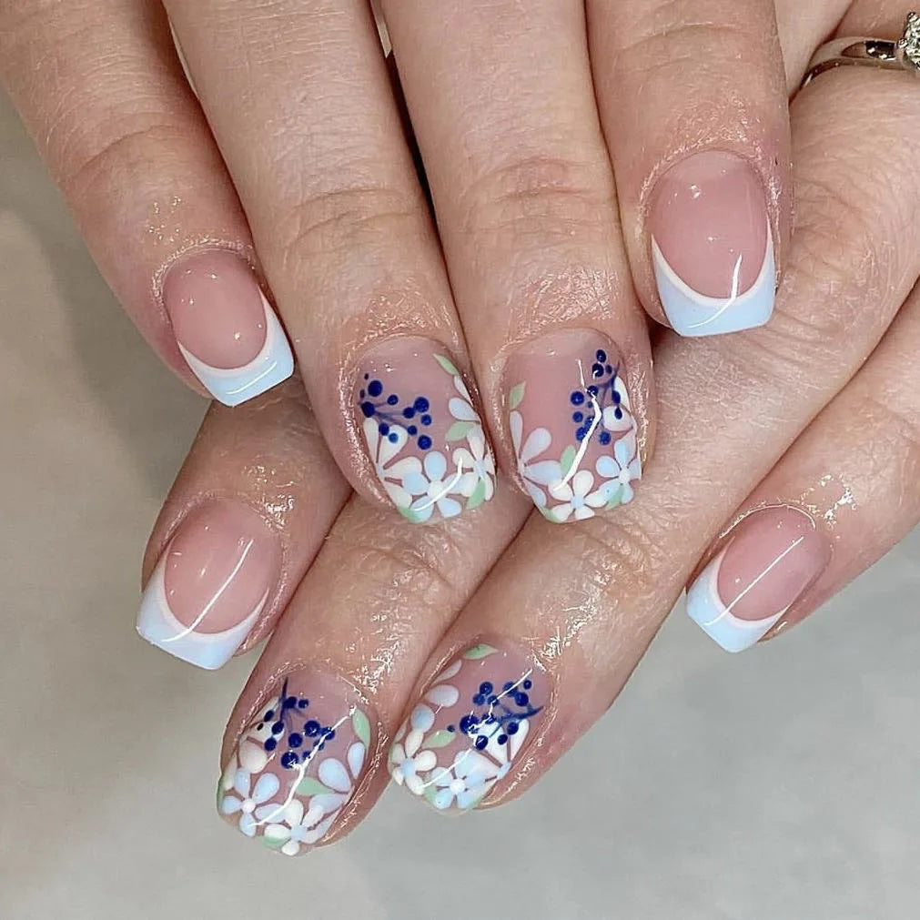 24Pcs Short Square Head Press on False Nails with Blue White French Flower Design Fake Nails Art Reusable Full Cover Nails Tips
