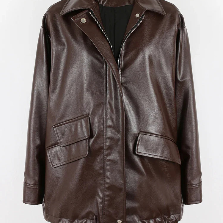 Spring Autumn Oversized Casual Waterproof Black Soft Pu Leather Jacket Women with Drop Shoulder Long Sleeve Fashion 2022 Brown