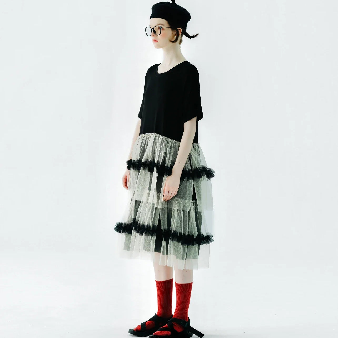 IMAKOKONI Original Design Black Short Sleeve Dress Mesh Splice Casual Loose Fit Dress 234147