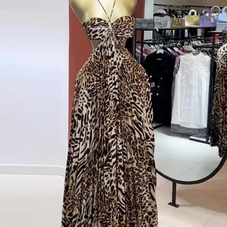 CM.YAYA Elegant Women  Leopard Print Sleeveless Strapless Floor-Length Long Dress 2025 Beach Party Birthday Sexy Pleated Dresses