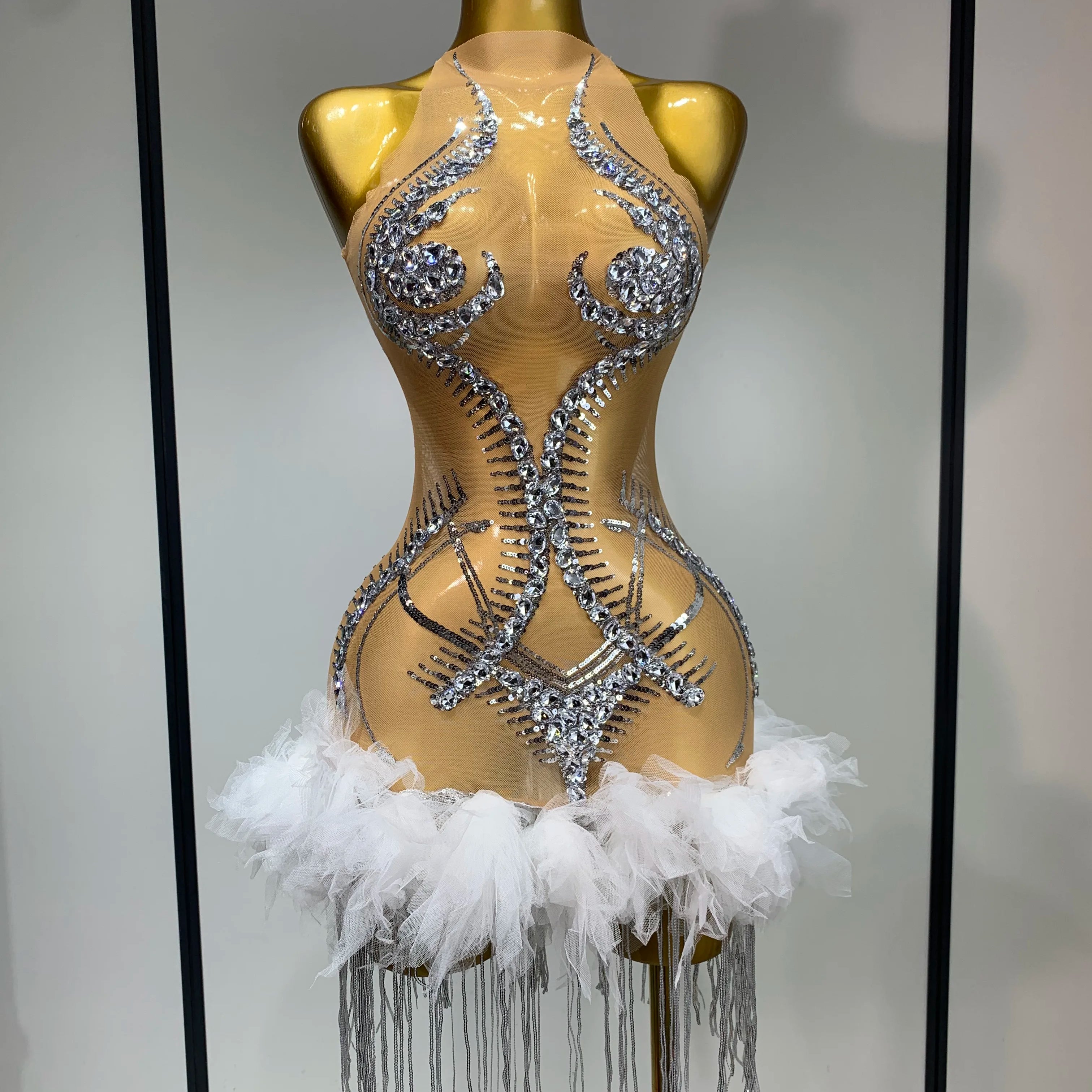 Luxury Party Cocktail Short Dress Women Mesh Sexy See Through Rhinestones Tassel Dress Nightclub Perform Singer Stage Costume