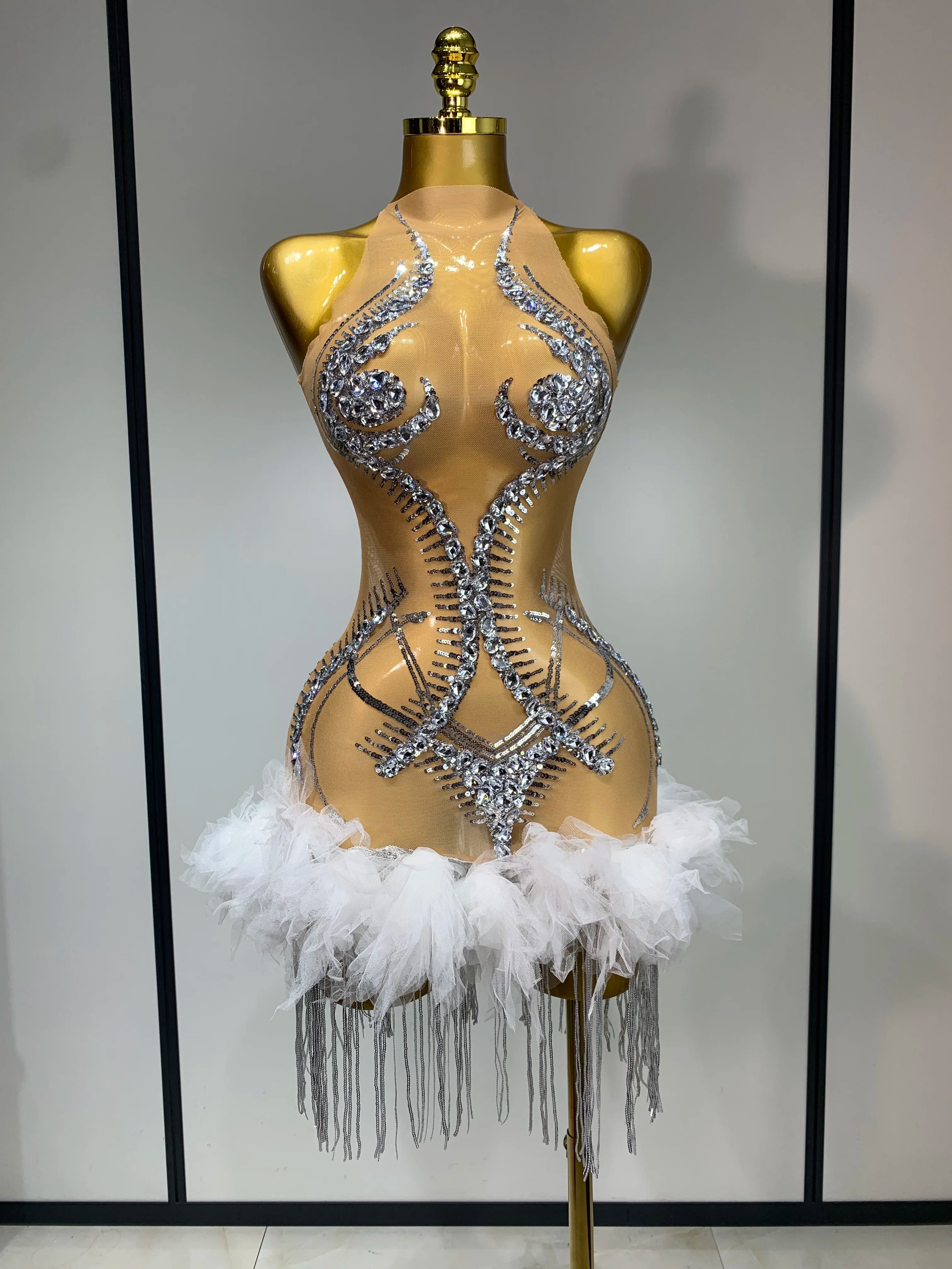 Luxury Party Cocktail Short Dress Women Mesh Sexy See Through Rhinestones Tassel Dress Nightclub Perform Singer Stage Costume