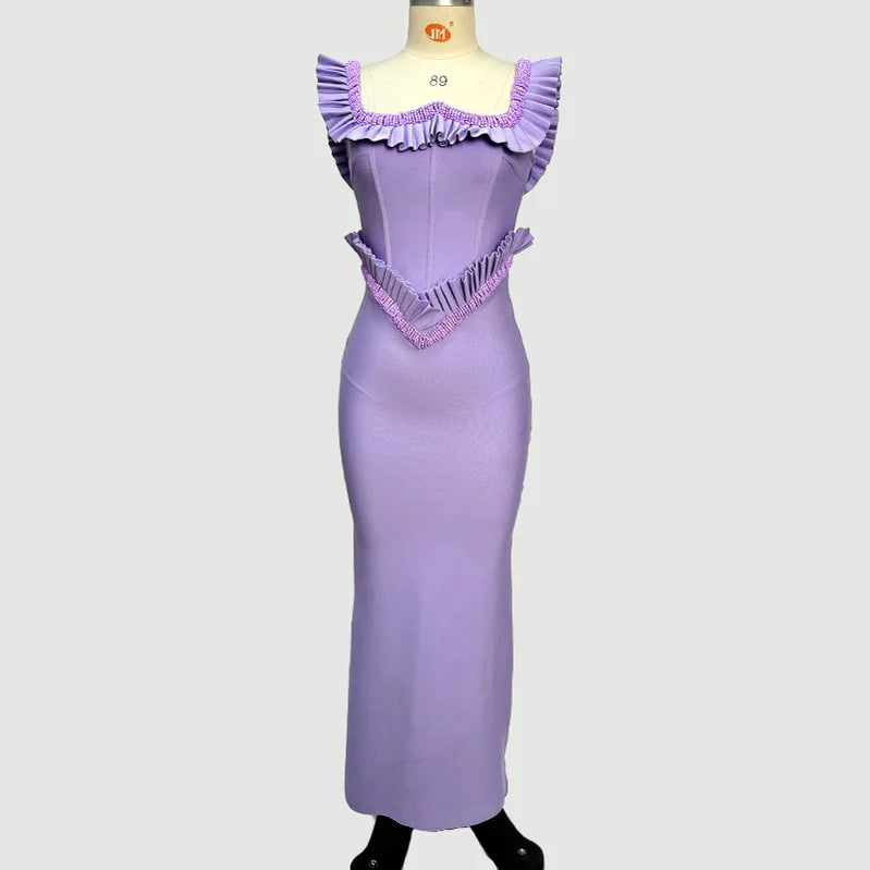 Purple Color Women Sleeveless Sexy Square Collar Ruffles Bodycon Long Bandage Dress Elegant Evening Party Cocktail Outfit