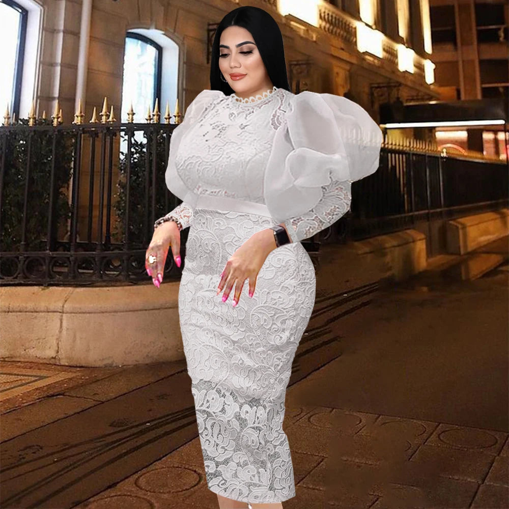 Elegant Lace Dresses Plus Size 3XL 4XL Long Lantern Sleeve White Pink Bodycon Vintage Prom Dress Gowns for Ladies Evening Party White