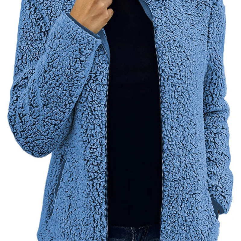Women Solid Fleece Jackets Casual Fashion Stand Collar Coat Female Long Sleeve Zipper Outerwear Lady Clothes Autumn Winter Blue