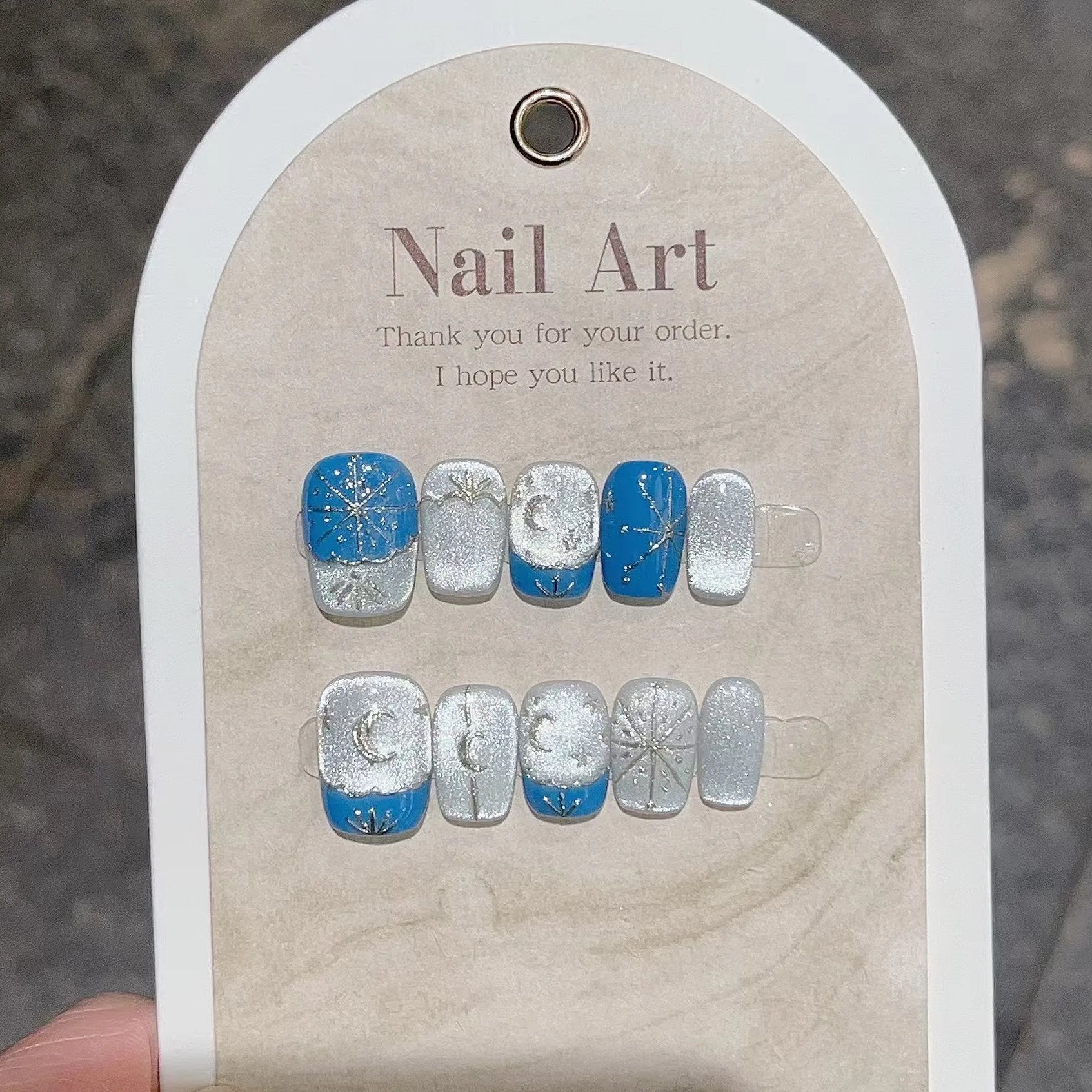 10Pcs Retro Bohemian Manicure Art Full Cover Gold Star Moon Design Cool Fake Nails Detachable Handmade Blue Ballet Fashion Nails