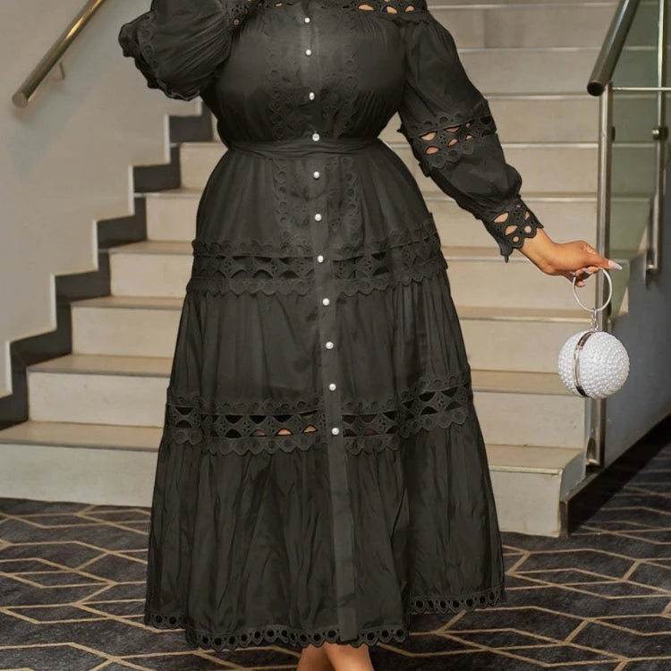 Elegant Women Hollow Out Lace Splice Mock Neck Lantern Long Sleeve Midi Dress with Belt Casual Party Club Outfits Plus Size black