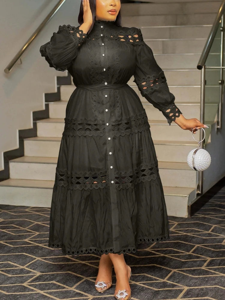 Elegant Women Hollow Out Lace Splice Mock Neck Lantern Long Sleeve Midi Dress with Belt Casual Party Club Outfits Plus Size black