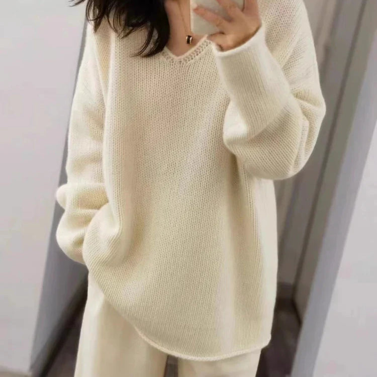 100% Pure Wool Loose V-neck Sweater Autumn Winter New Knitted Pullover Casual Fashion Korean Version Medium Long Tops Large Size