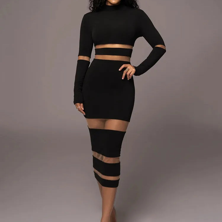 Patchwork Bodycon Sexy Midi Dress For Women Autumn Winter New Turtleneck Long Sleeve Club Party Sexy Dress Elegant