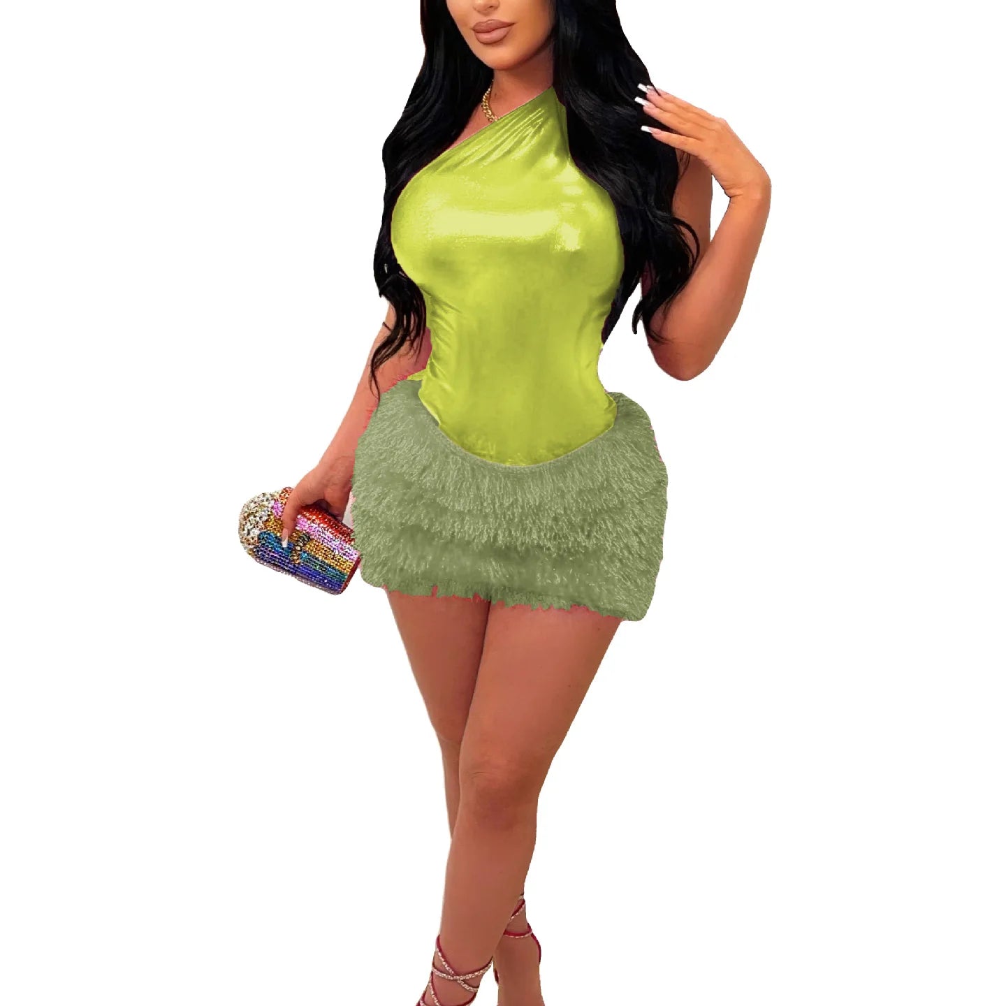 CM.YAYA Fashion Women One Shoulder Skew Collar Bodysuit + Fur Tassel Bodycon Midi Skirt Dress Set 2023 Outfit Two 2Piece Set