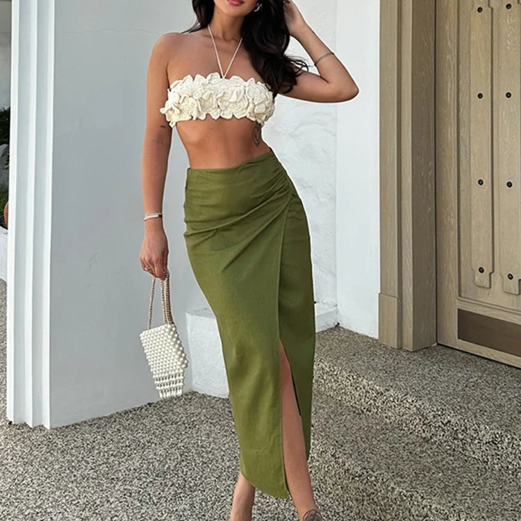 Sexy 3D Floral Knit Crop Top Women Fashion Sleeveless Backless Bandage Halter Tank Female Summer Lady Solid Streetwear