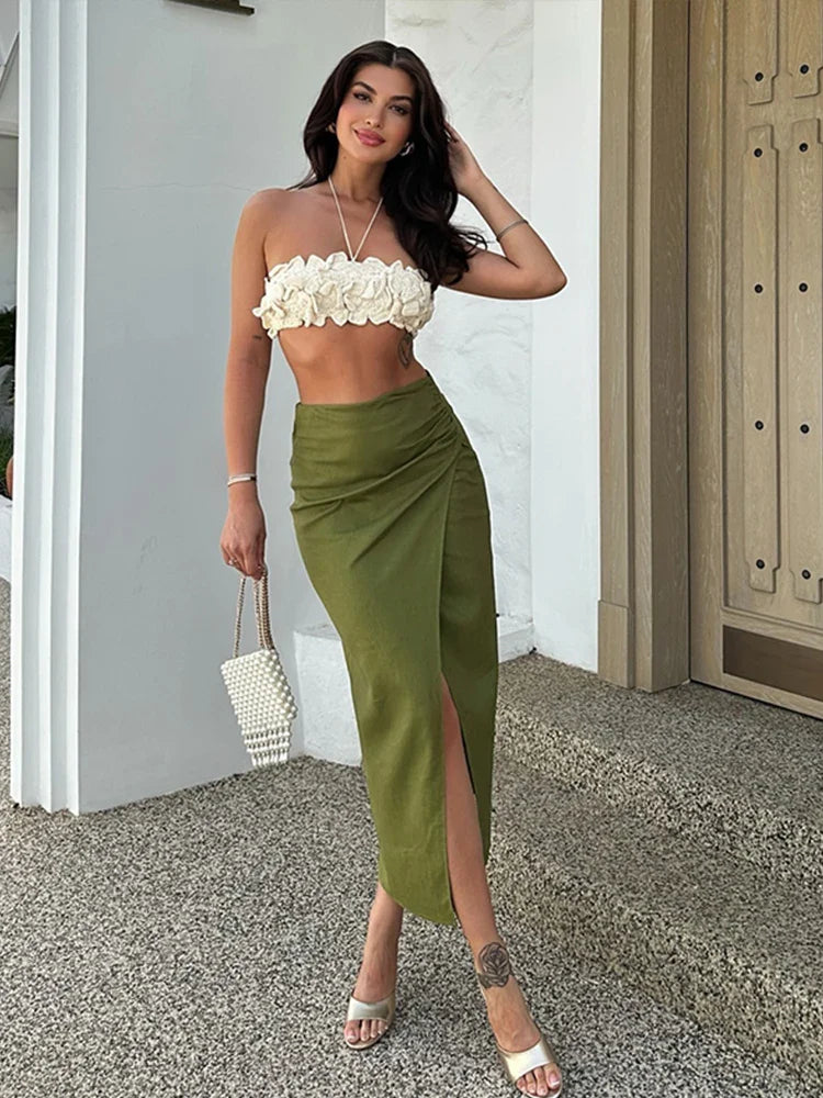 Sexy 3D Floral Knit Crop Top Women Fashion Sleeveless Backless Bandage Halter Tank Female Summer Lady Solid Streetwear