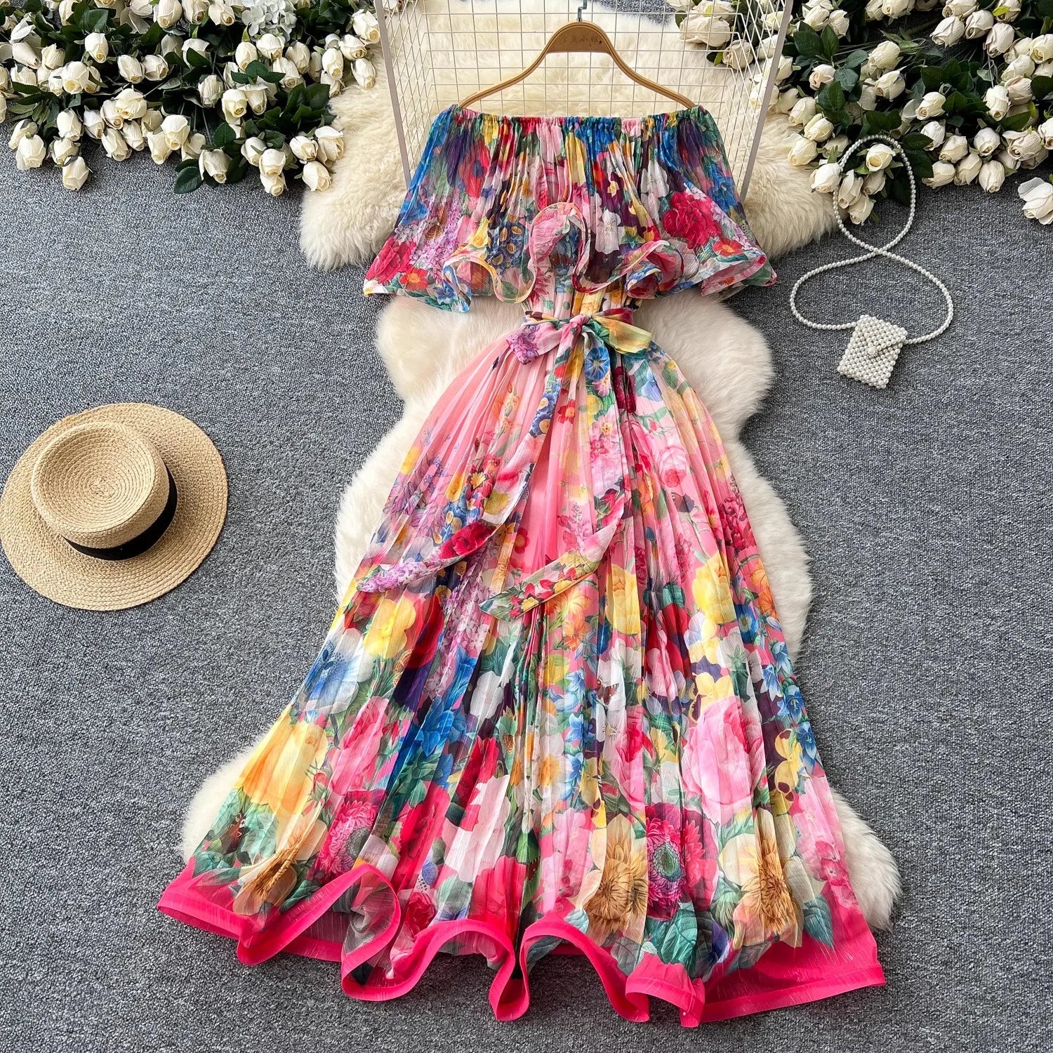 Summer Off Shoulder Gorgeous Flower Holiday Dress Women's Slash Neck Ruffles Batwing Sleeve Print Casual A-Line Beach Vestidos