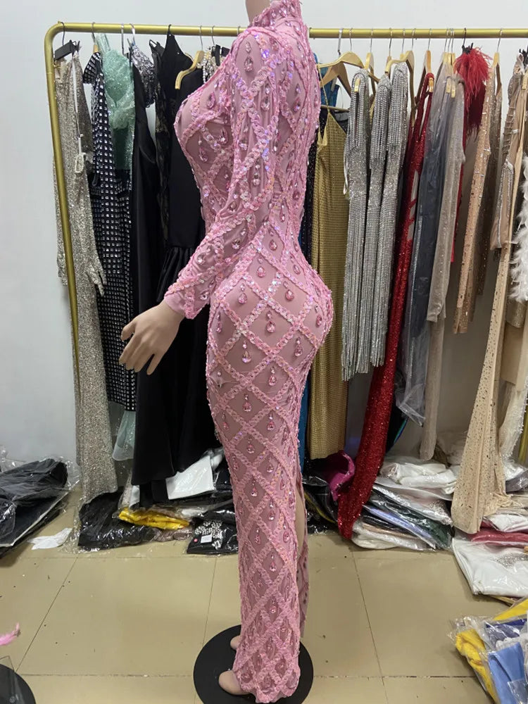 Pink Color Women Long Sleeve Sexy Mesh Big Crystal Bodycon Long Dress Celebrate Birthday Bar Singer Performance Costume Wear