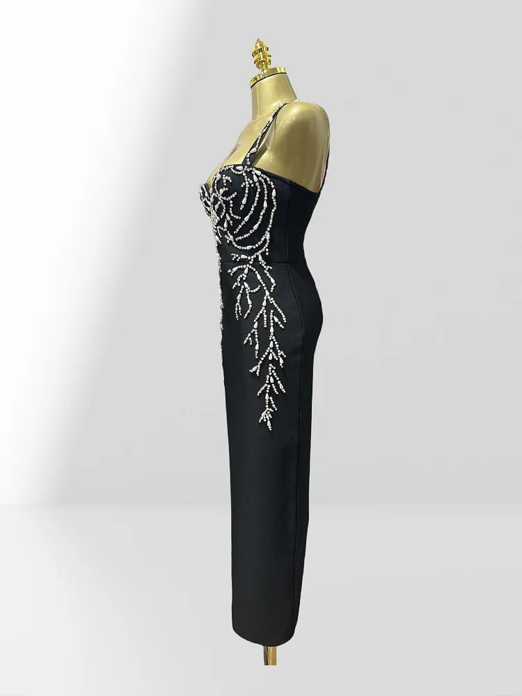 2025 Luxury Diamonds Spaghetti Strap Black Bandage Ankle Length Dress  Woman evening Party Dress Celebrity Birthday Party Outfit