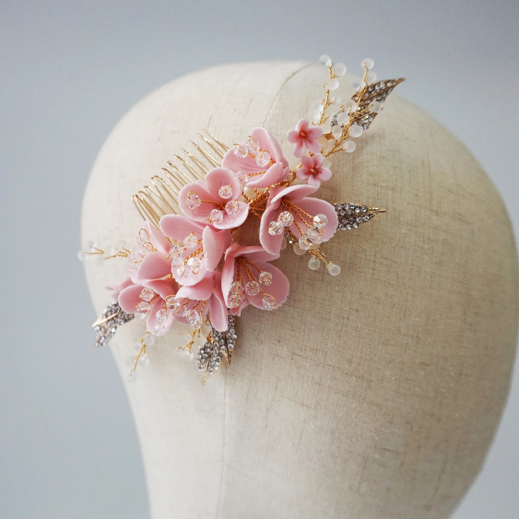 Pink Flower Bridal Hair Comb Rhinestone Leaf Headpiece Wedding Hair Jewelry Handmade Women Accessories