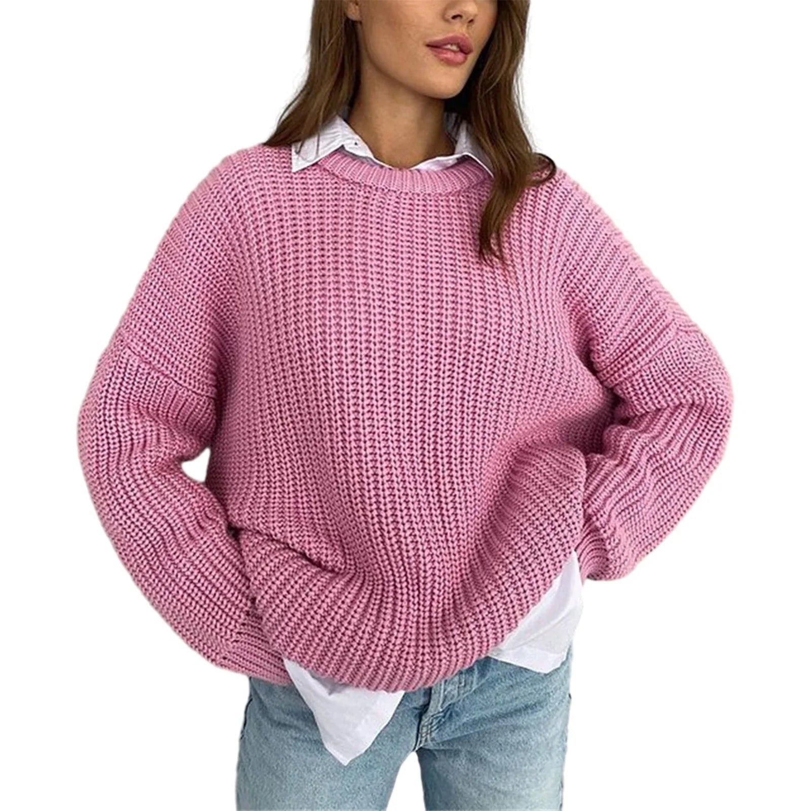 Womens Chunky Cable Knit Sweaters Solid Color Long Sleeve Crewneck Oversized Sweater Pullover Cute Fall Jumper Top Pink
