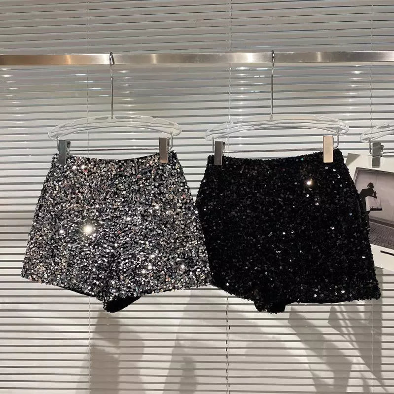 Nieuwe herfst zwart fluwelen shorts vrouwen lovertjes glanzende veelzijdige korte broek clubkleding shorts hot pants high street