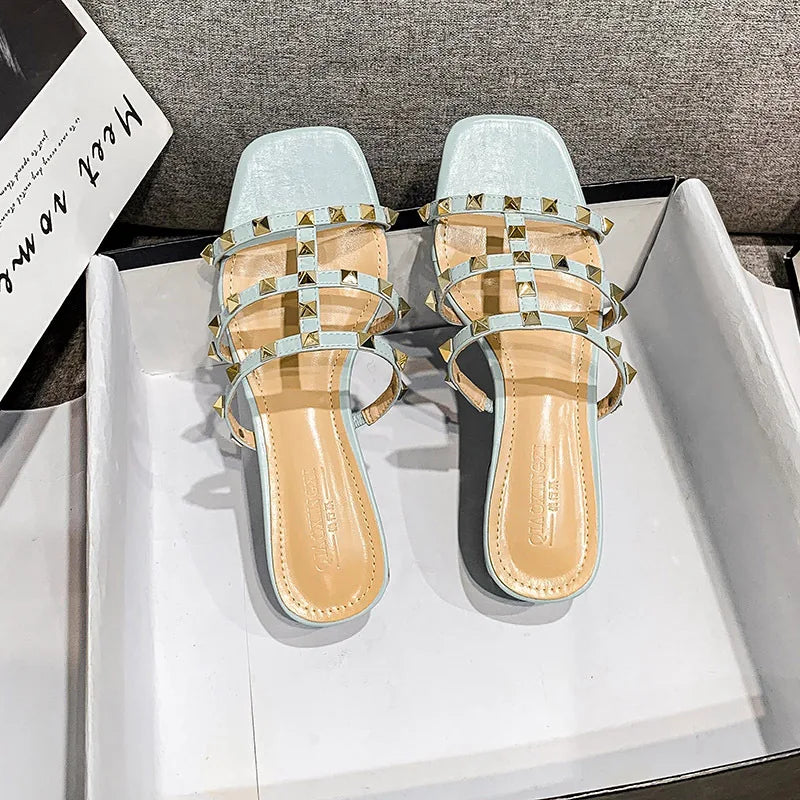 Summer low heel women rivets sandals thin ribbon fashion Korean design girls shoes large size wear slippers free delivery