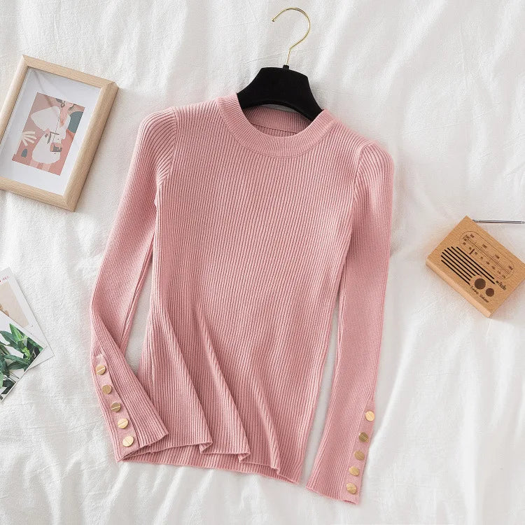 Thick Sweater Pullovers Long Sleeve Tops Women Autumn Winter Clothes Slim Knit Soft Jumper Streetwear Button Turtleneck Sweater pink-2 One Size