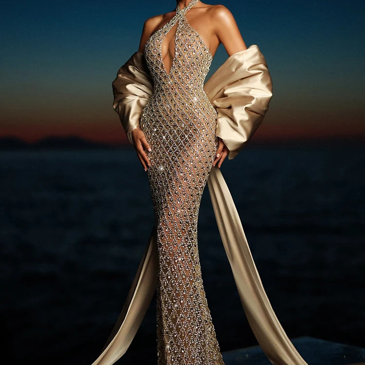 VC Beige Halter Mermaid Long Dress Key Hole Backless Sequins Sleeveless Celebrity Maxi Evening Party Gowns Vestidos