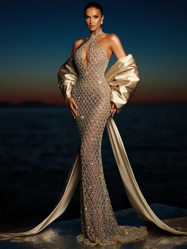 VC Beige Halter Mermaid Long Dress Key Hole Backless Sequins Sleeveless Celebrity Maxi Evening Party Gowns Vestidos