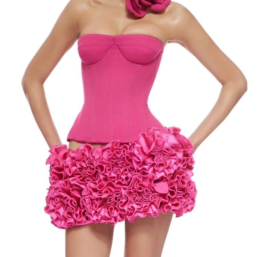 Pink Color Women Sexy Strapless Florals Bodycon Mini Dress Nigthclub Party Celebrate Birthday Fashion Outfit Vestido