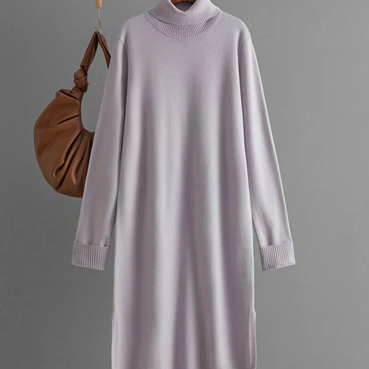 Streamgirl Autumn Turtleneck Slit Dresses For Women Winter Solid Casual Straight Basic Knitted Sweaters Dress Women Elegant Light Purple One Size