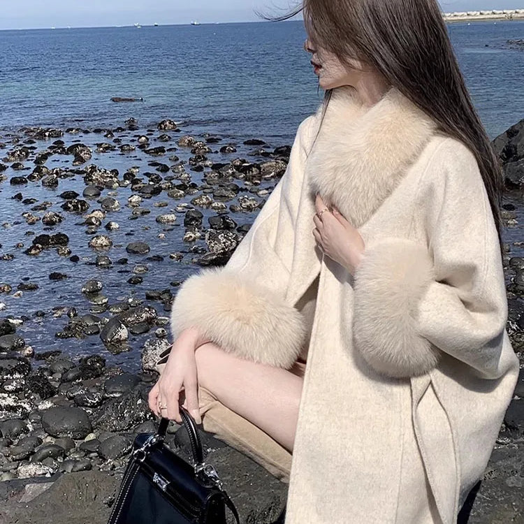 Elegant Women Woolen Coat Long Sleeve Korean Fashion Vintage Jackets Slim Solid Fairycore Autumn Winter Coats