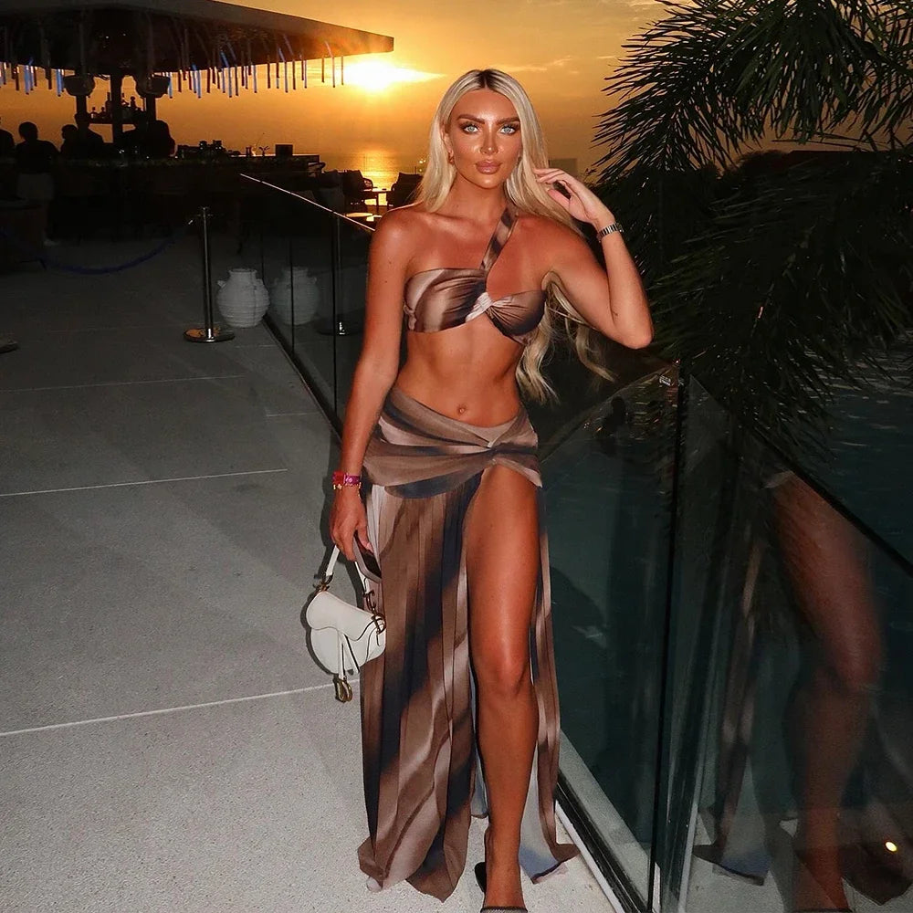 Fashion Off Shoulder Contrasting Pleated Bikini Set Women Casual Holiday Sexy High Slit Swimwear Skirt Suits Beachwear Cover Up