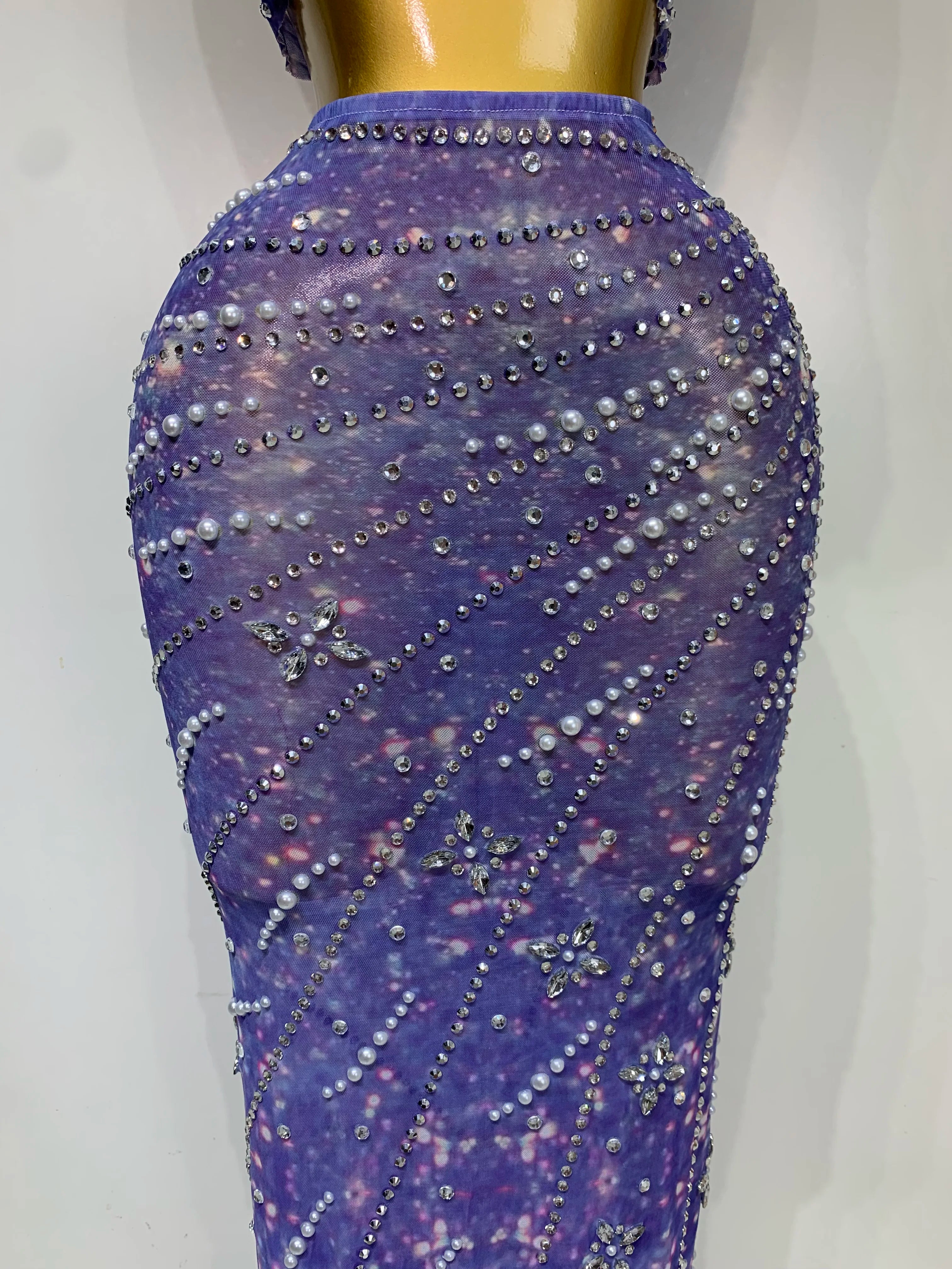 Sparkly Rhinestones Top Long Skirt Two Pieces Set Women Celebirty Luxury Birthday Dress Nightclub Stage Performance Costume