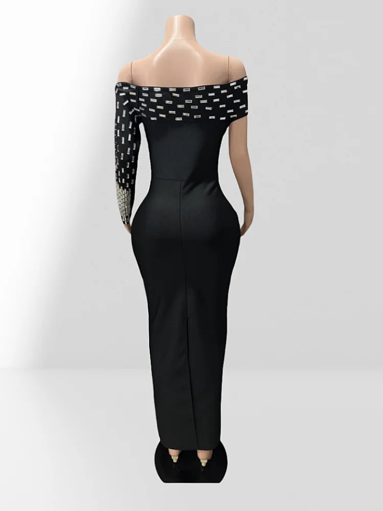 Spacial Design Luxury Diamonds Sexy Off The Shoulder Black Ankle Length Bandage Dress Woman Party Vestido Birthday Party Outfit