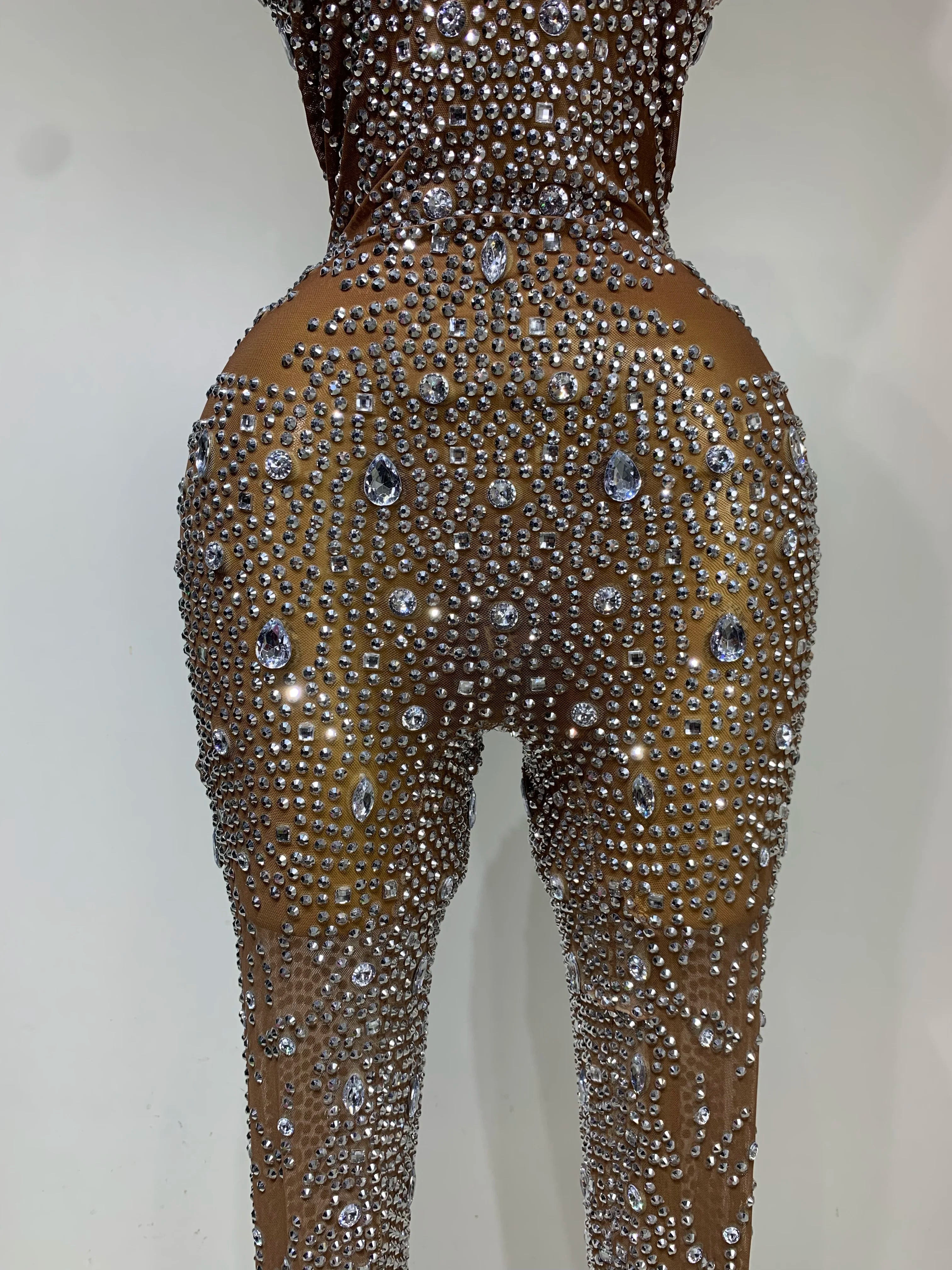 Luxury Rhinestones Jumpsuit Women Sexy Mesh See Through Performance Dance Costume Celebrate Club Birthday Party Stage Outfit