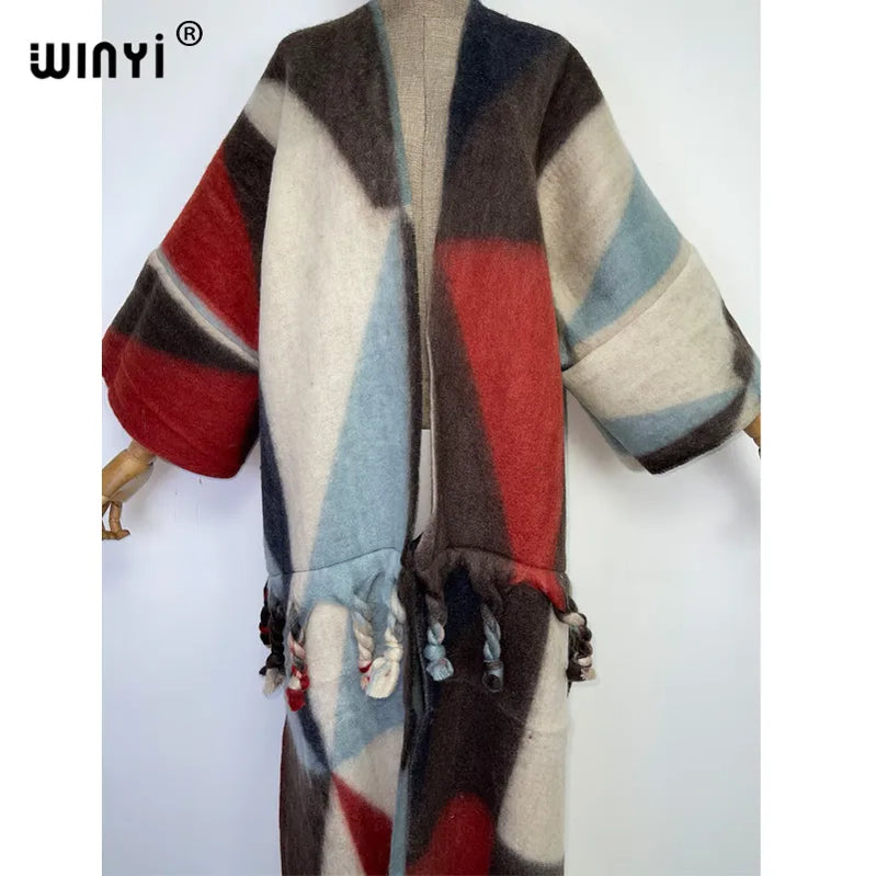 Winter Women tassel Cardigan coat Loose Christmas dress robe longue Thick Warm free size Middle East Female Kaftan